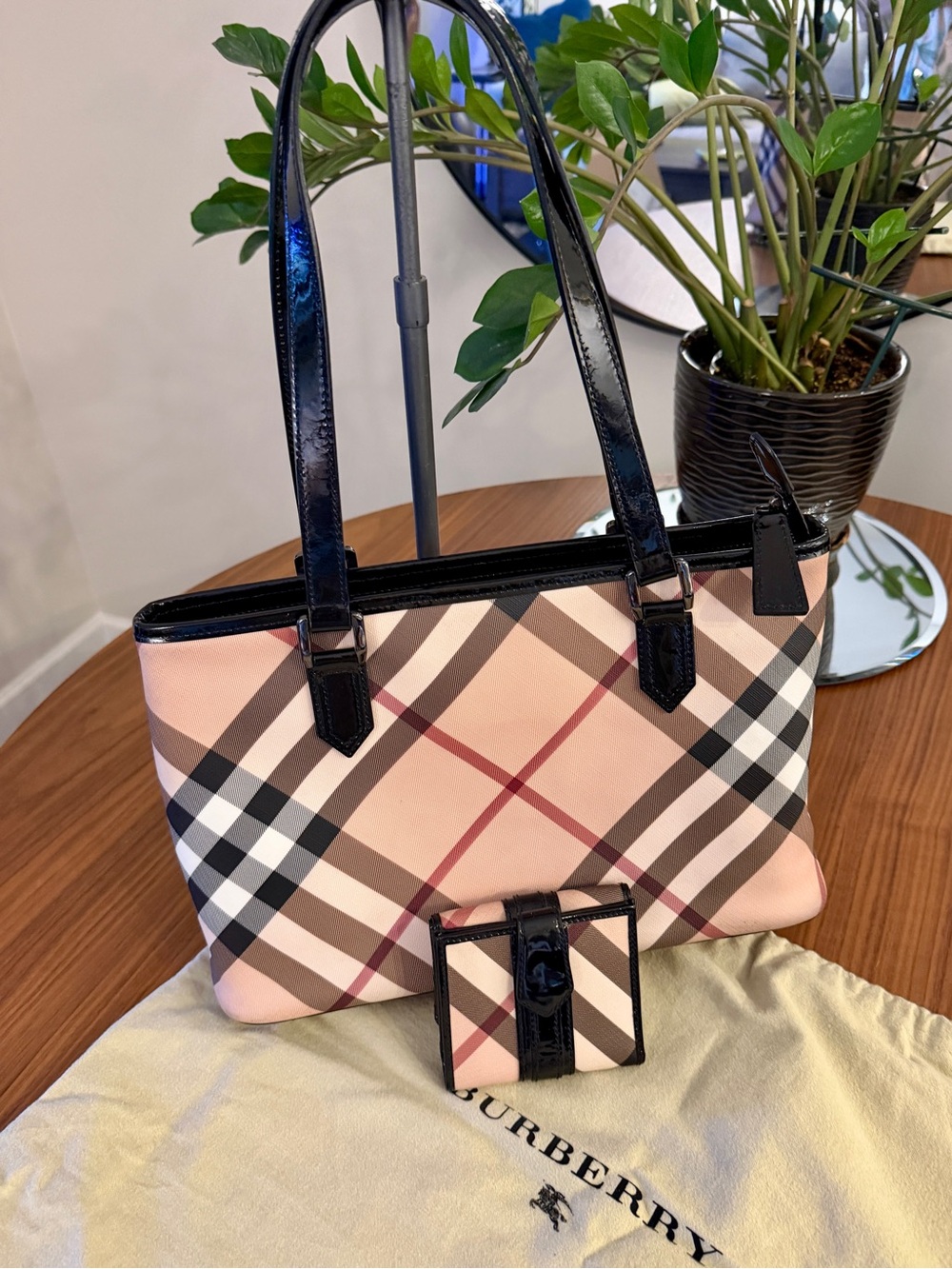 Burberry Pink Check Tote with Black Patent Trim